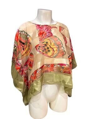 Sheer Butterfly Print Poncho Top Boho Scarf Overlay Cape Blouse Flowy -